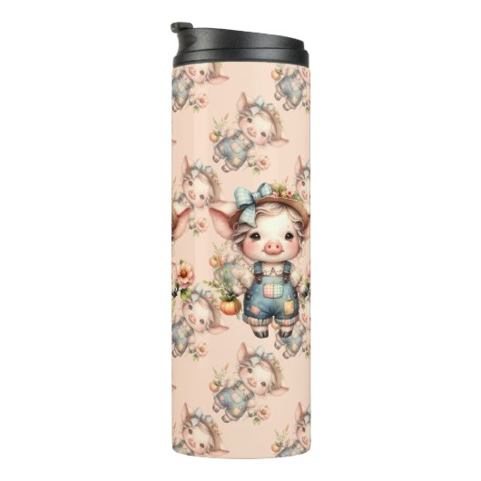 Schattigee Farmcore Pig in Overalls met Bloemen Thermosbeker (Geroteerd rechts)