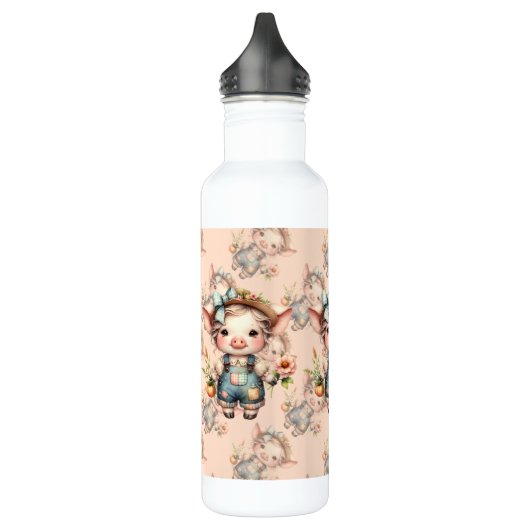 Schattigee Farmcore Pig in Overalls met Bloemen Waterfles (Links)