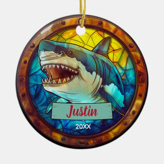 Schattigee faux gebrandschilderde glashaai kerst k keramisch ornament (Voorkant)