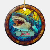 Schattigee faux gebrandschilderde glashaai kerst k keramisch ornament (Achterkant)