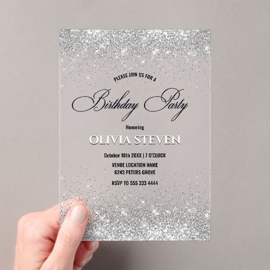 Schattigee faux zilveren glitter monogram verjaard acryl uitnodigingen (Insitu (Draagbaar))