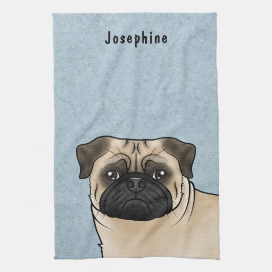 Schattigee Fawn Cartoon Pug Head Close-up en Naam Theedoek (Verticaal)
