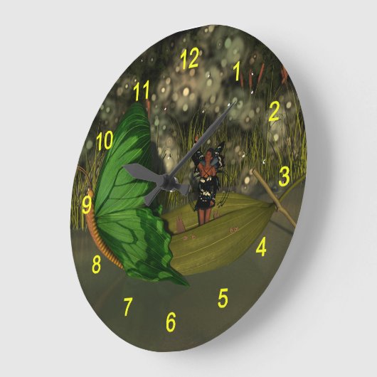 Schattigee fee in boot met vuurvliegjes grote klok (Hoek)