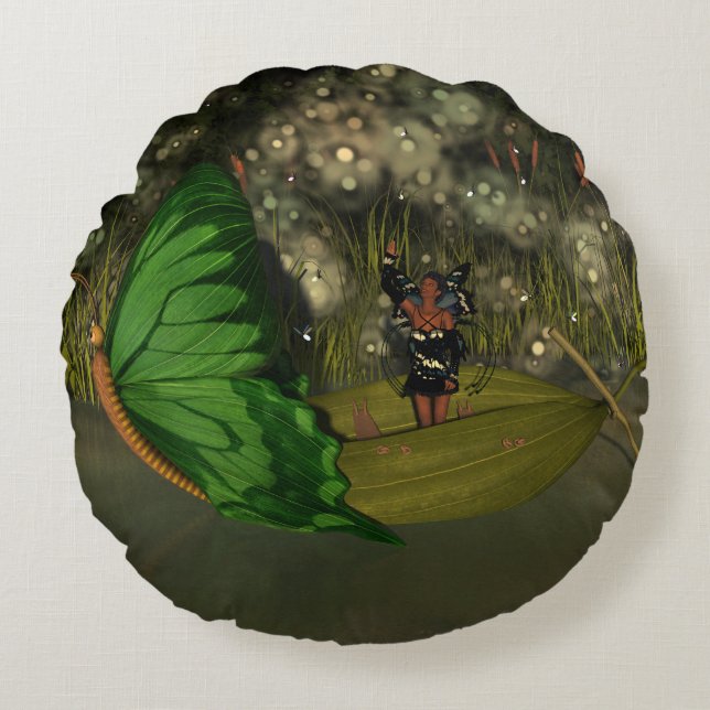 Schattigee fee in boot met vuurvliegjes rond kussen (Voorkant)