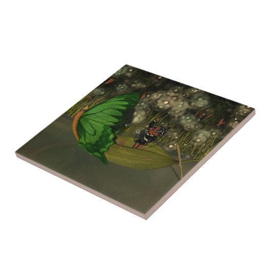 Schattigee fee in boot met vuurvliegjes tegeltje (Zijkant)