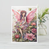 Schattigee fee in roze weide van bloemen uitnodigi kaart (Staand voorkant)