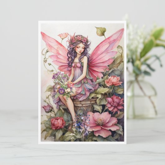 Schattigee fee in roze weide van bloemen uitnodigi kaart (Staand voorkant)