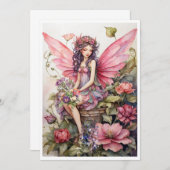 Schattigee fee in roze weide van bloemen uitnodigi kaart (Voorkant / Achterkant)