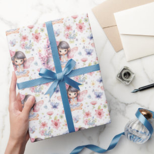 Schattigee fee in Verjaardag Pet, Bloemen, Vlinder Cadeaupapier