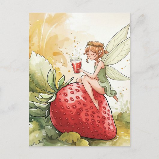 Schattigee fee met een glas aardbeien punch fantas briefkaart (Voorkant)