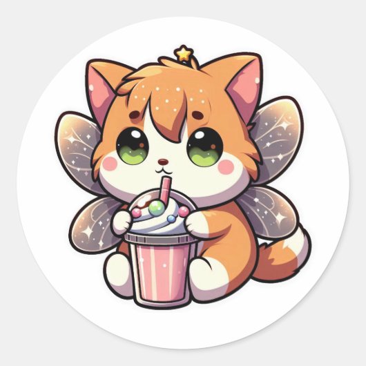 Schattigee feeënkat die milkshake drink ronde sticker (Voorkant)