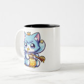 Schattigee feeënkat eet rauwe honing tweekleurige koffiemok (Voorkant links)