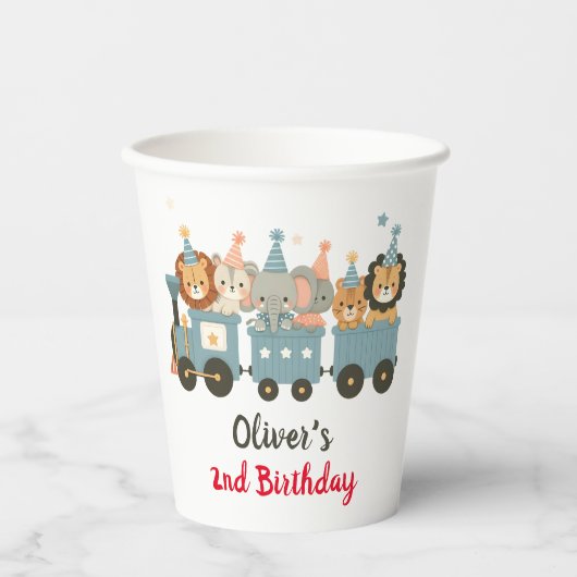 Schattigee feestbeesten op de trein gepersonalisee papieren bekers (Voorkant)