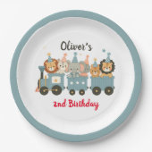 Schattigee feestbeesten op de trein gepersonalisee papieren bordje (Voorkant)