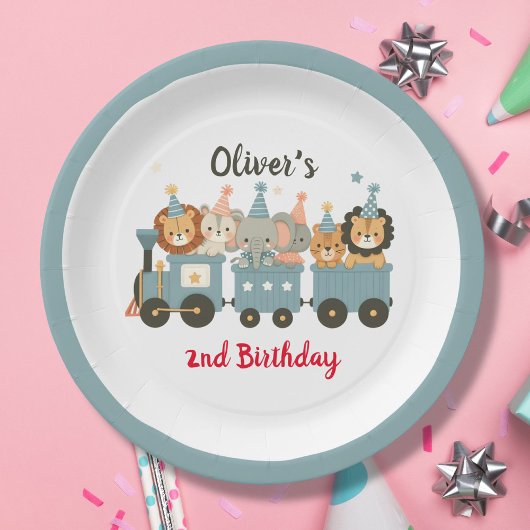 Schattigee feestbeesten op de trein gepersonalisee papieren bordje