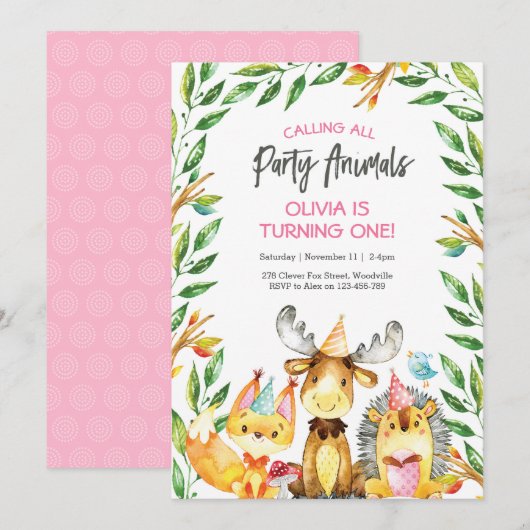 Schattigee feestdieren verjaardagsuitnodiging kaart (Voorkant / Achterkant)