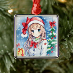 Schattigee feestelijke anime meisje kerst metalen ornament