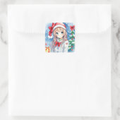 Schattigee feestelijke anime meisje kerst vierkante sticker (Tas)