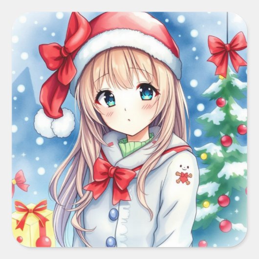 Schattigee feestelijke anime meisje kerst vierkante sticker (Voorkant)
