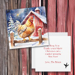 Schattigee feestelijke Chicken Cluckin' Good Chris<br><div class="desc">Schattigee gepersonaliseerde kerstkaart met een waterverf stijl kip staat bij een rustieke houten hek in de voorkant van een schuur. Grappig vakantiebericht op de achterkant dat kan worden bewerkt in het gepersonaliseerde gebied.</div>