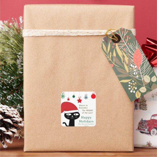 Schattigee Feestelijke Kat met een Rode Kerstmuts  Vierkante Sticker (Feestdagen)