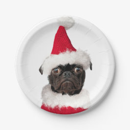 Schattigee Feestelijke Kerst Zwarte Pug Santa Hat Papieren Bordje