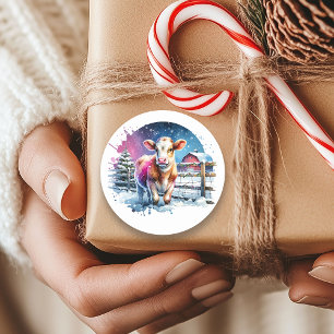 Schattigee Feestelijke Koe Kaart Kerst Ronde Sticker