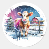 Schattigee Feestelijke Koe Kaart Kerst Ronde Sticker (Voorkant)