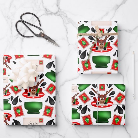 Schattigee Feestelijke Rode Kasky Kerstrendier Inpakpapier Vel (Voorkant)