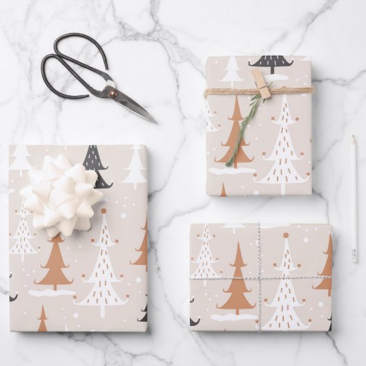Schattigee feestelijke roze boho bruine kerstbomen inpakpapier vel (Voorkant)