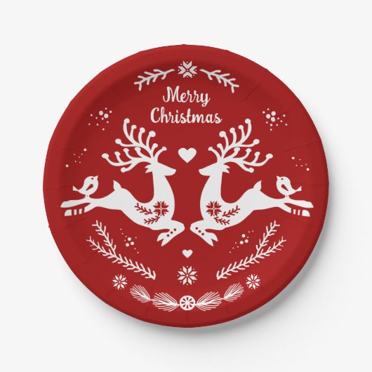 Schattigee feestelijke scandi rood wit kersthert papieren bordje (Voorkant)