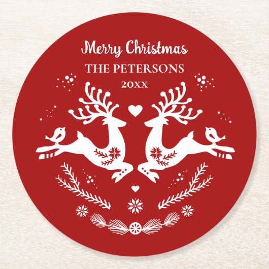Schattigee feestelijke scandi rood wit kersthert ronde kartonnen onderzetter (Voorkant)