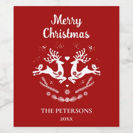Schattigee feestelijke scandi rood wit kersthert wijn etiket (Enkel label)