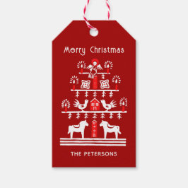 Schattigee feestelijke scandi rood witte kerstboom cadeaulabel