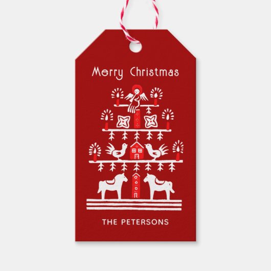 Schattigee feestelijke scandi rood witte kerstboom cadeaulabel (Voorkant)