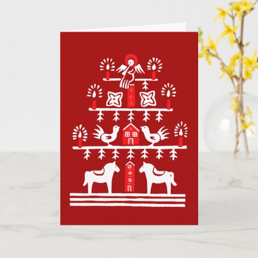 Schattigee feestelijke scandi rood witte kerstboom kaart (Gele Bloem)