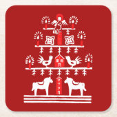 Schattigee feestelijke scandi rood witte kerstboom kartonnen onderzetters (Voorkant)