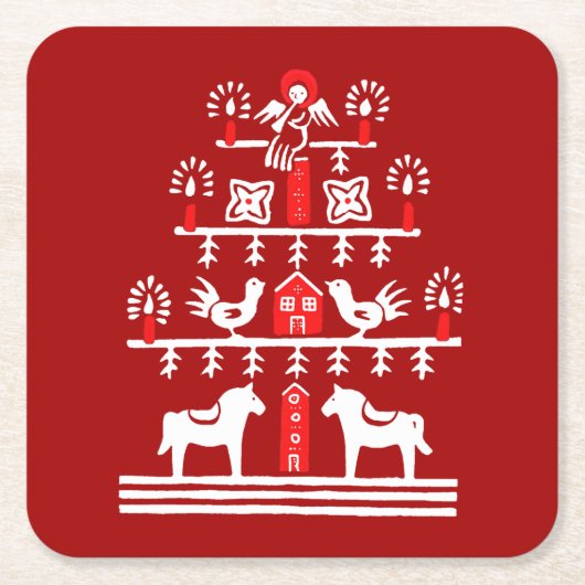 Schattigee feestelijke scandi rood witte kerstboom kartonnen onderzetters (Voorkant)