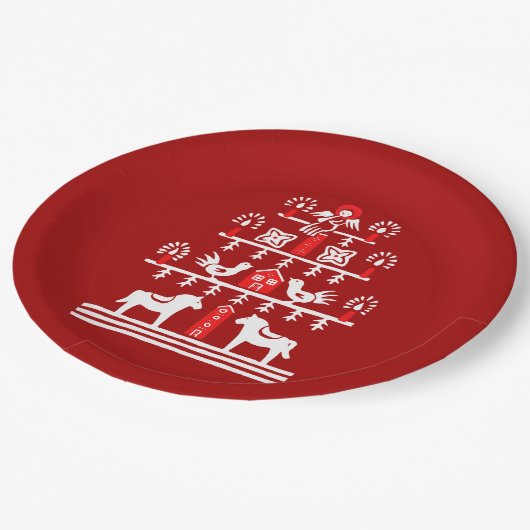 Schattigee feestelijke scandi rood witte kerstboom papieren bordje (Gekanteld)