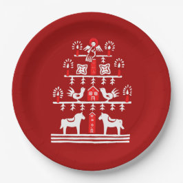 Schattigee feestelijke scandi rood witte kerstboom papieren bordje