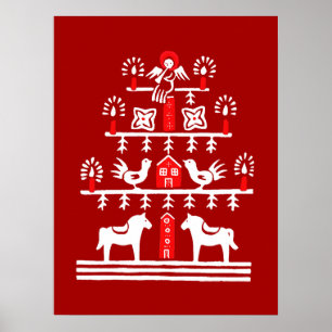Schattigee feestelijke scandi rood witte kerstboom poster