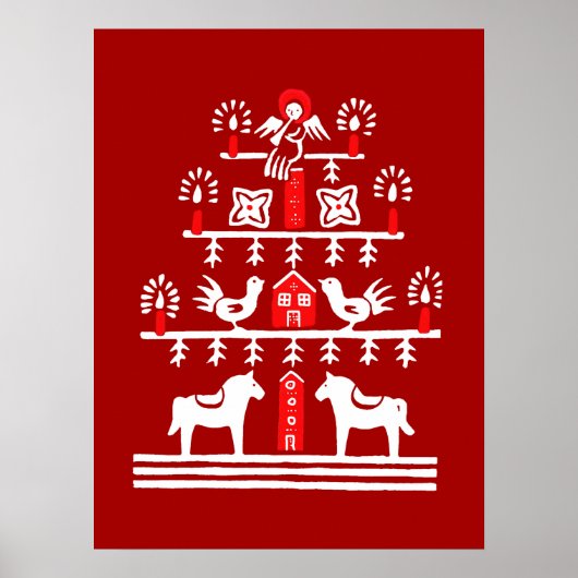 Schattigee feestelijke scandi rood witte kerstboom poster (Voorkant)