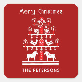 Schattigee feestelijke scandi rood witte kerstboom vierkante sticker