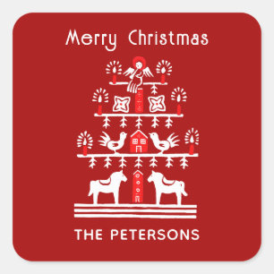 Schattigee feestelijke scandi rood witte kerstboom vierkante sticker