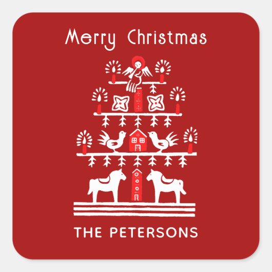 Schattigee feestelijke scandi rood witte kerstboom vierkante sticker (Voorkant)