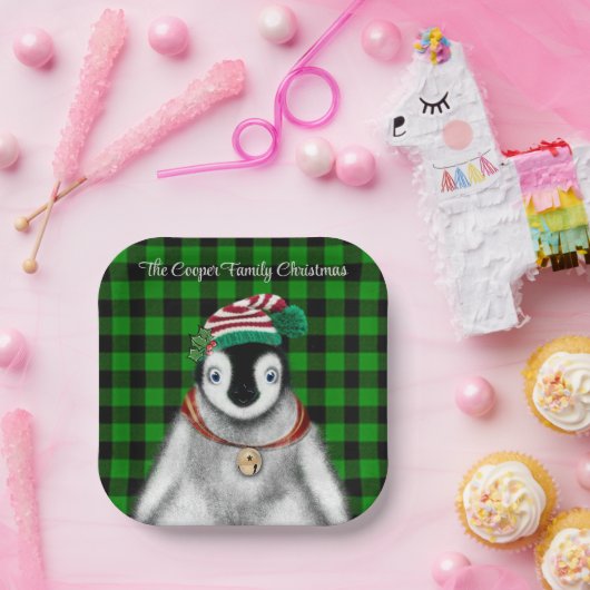 Schattigee feestelijke vakantie Pinguïn groen zwar Papieren Bordje (Feest)