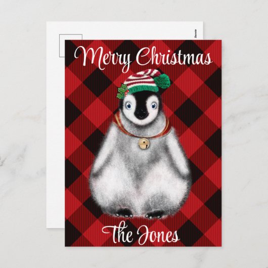 Schattigee feestelijke vakantie Pinguïn rood zwart Feestdagenkaart (Voorkant / Achterkant)