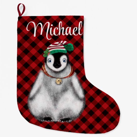 Schattigee feestelijke vakantie Pinguïn rood zwart Grote Kerstsok (Voorkant)