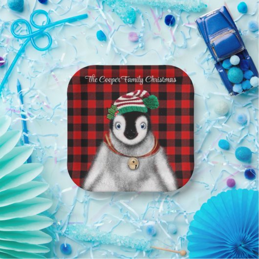 Schattigee feestelijke vakantie Pinguïn rood zwart Papieren Bordje (Feest)