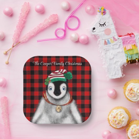 Schattigee feestelijke vakantie Pinguïn rood zwart Papieren Bordje (Feest)